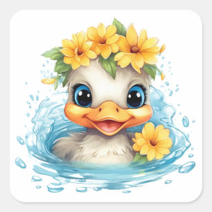 Sticker Carré Bébé mignon Canard Canards Fleurs d'animaux amusan