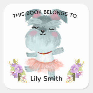 Sticker Carré Bébé mignon chien et enfants Nom bébé livre étique