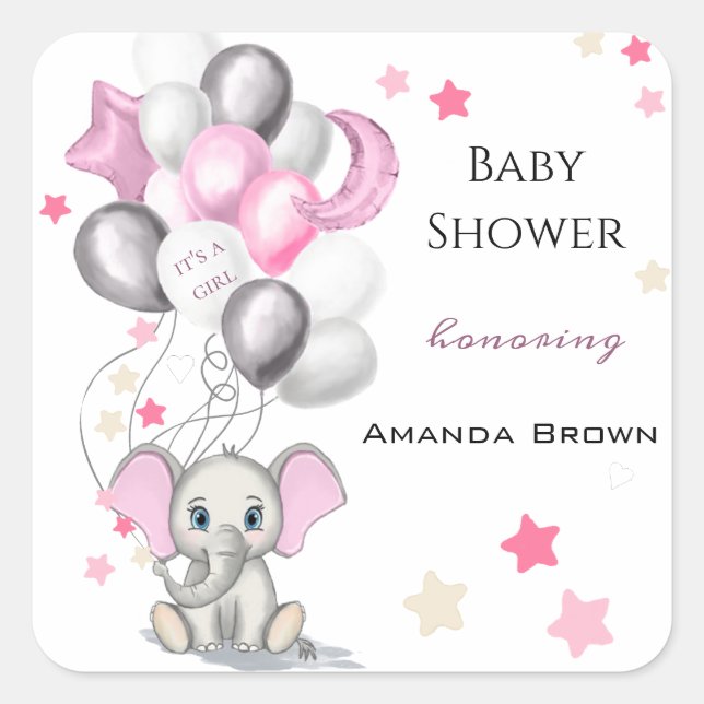 Sticker Carré Bébé mignon éléphant avec ballons Baby shower fill (Devant)
