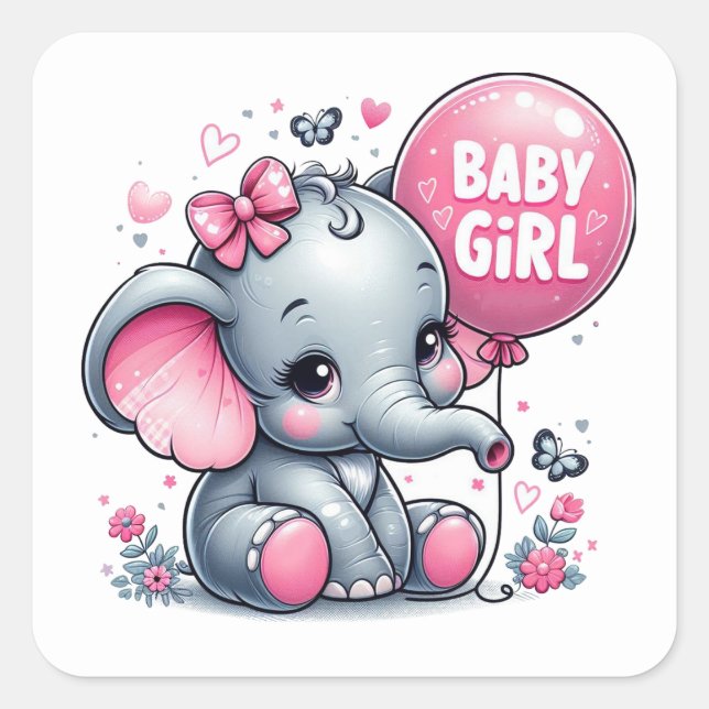Sticker Carré Bébé mignon Eléphant avec fleurs, Coeurs (Devant)