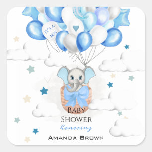 Sticker Carré Bébé mignon Eléphant Ballons Panier Baby shower