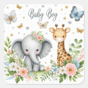 Sticker Carré Bébé mignon éléphant et girafe avec fleurs