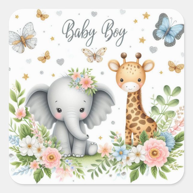 Sticker Carré Bébé mignon éléphant et girafe avec fleurs (Devant)