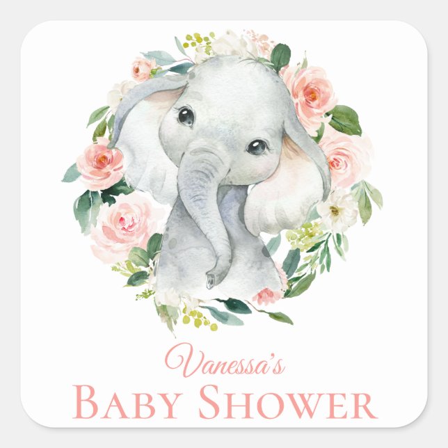 Sticker Carré Bébé mignon Eléphant rose Baby shower floral (Devant)