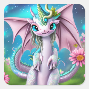 Sticker Carré Bébé mignon et souriant Dragon aux fleurs