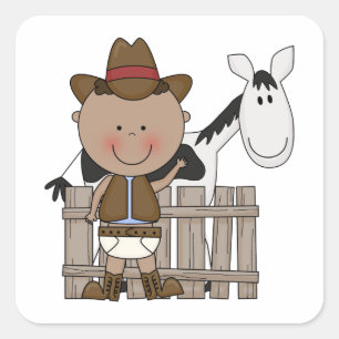 Sticker Carré Bébé mignon garçon & cheval poney sur mesure Occid