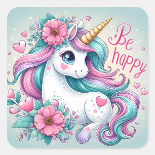 Sticker Carré Bébé mignon licorne avec fleurs pour femmes et fil