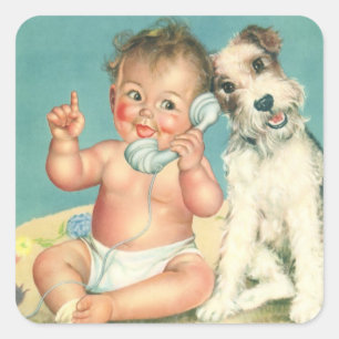 Sticker Carré Bébé mignon vintage parlant au téléphone avec un c