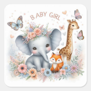 Sticker Carré Bébé mignonne Fille Bois Animaux avec Fleurs