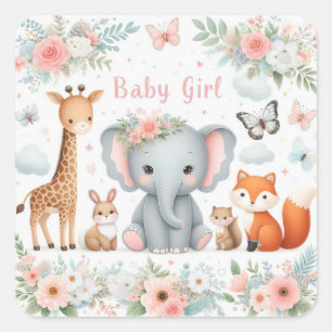 Sticker Carré Bébé mignonne Fille Bois Animaux avec Fleurs