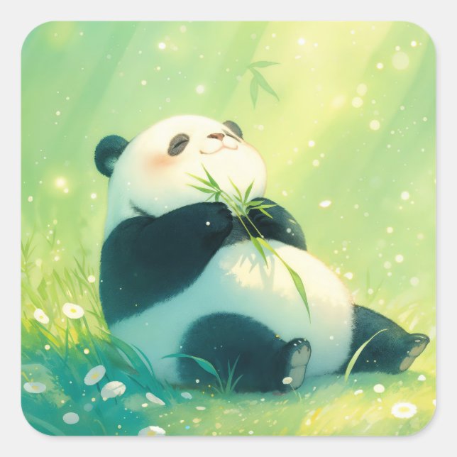 Sticker Carré Bébé Panda Mignon Grignotant du Bambou (Devant)