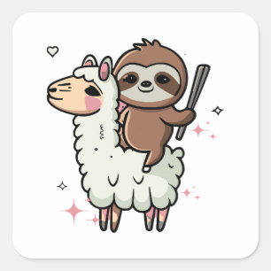 Sticker Carré Bébé paresseux et lama mignons