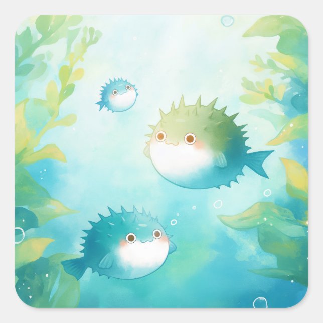 Sticker Carré Bébé poisson-globe dans une forêt sous-marine de k (Devant)