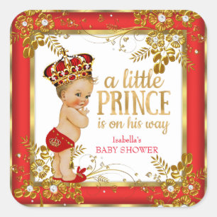 Sticker Carré Bébé Prince Fête Prénatale Garçon Rouge Or Blanc B