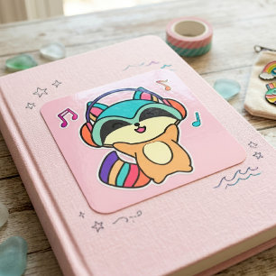 Sticker Carré Bébé Raton Laveur Mignon Sourire Kawaii avec Casqu