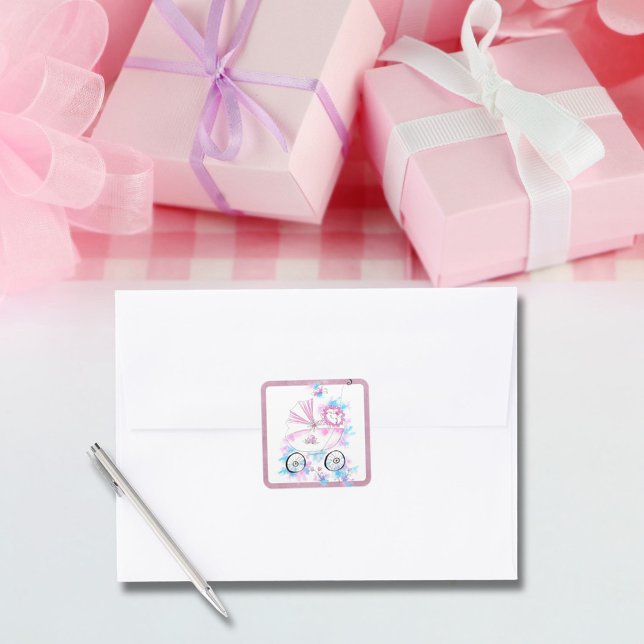 Sticker Carré Bébé Rose Aqua Le Plus Mignon Dans Le Landau Dessi (Créateur téléchargé)