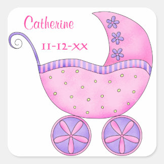 Sticker Carré Bébé rose Buggy Nom du garçon Date de naissance Fa