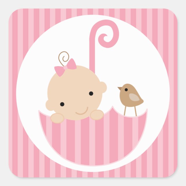 Sticker Carré Bébé rose dans un parapluie (Devant)