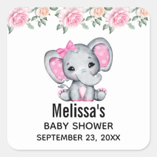 Sticker Carré Bébé rose mignon éléphant et frontière Rose