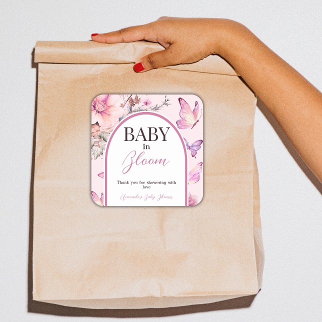 Sticker Carré Bébé rose papillon en fleur Baby shower fille (Créateur téléchargé)