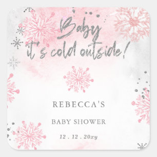 Sticker Carré Bébé rose son Baby shower d'hiver froid à l'extéri