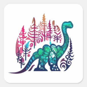 Sticker Carré Bébé Stegosaurus Dinosaur Forêt colorée