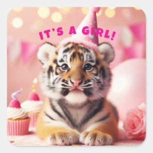 Sticker Carré Bébé Tiger mignon bébé Révéler fille rose