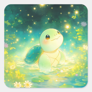 Sticker Carré Bébé Tortue de Mer Mignonne dans un Étang Magique 