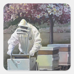 Sticker Carré Beekeeper Tending Honey Bee Boxes Aquarelle Art