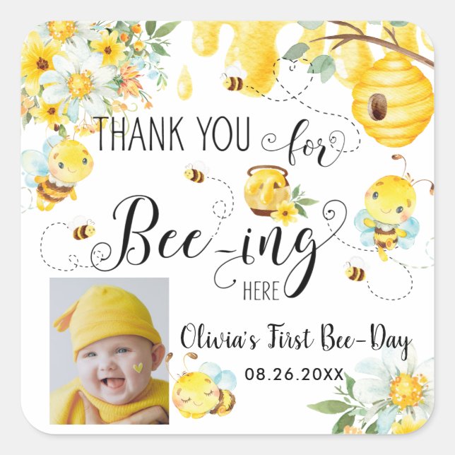 Sticker Carré Bees Bee Floral 1er anniversaire Favoriser la phot (Devant)