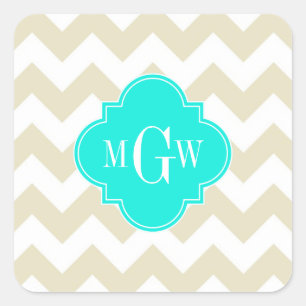 Sticker Carré Beige Blanc Chevron Aqua Quatrefoil 3 Monogramme