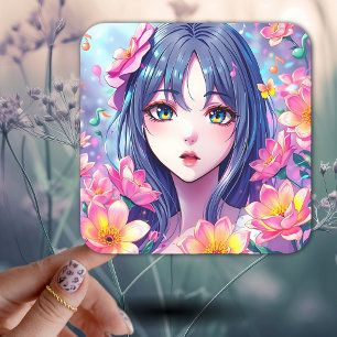 Sticker Carré Belle Anime Girl and Flowers