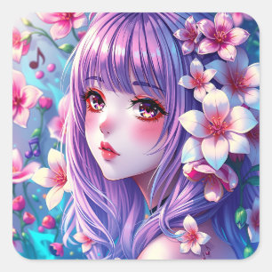 Sticker Carré Belle Anime Girl avec cheveux pourpres