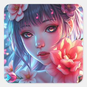 Sticker Carré Belle Anime Girl Glitchcore Floral