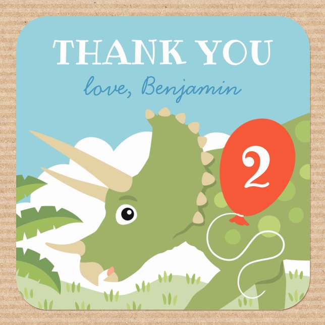 Sticker Carré Belle Anniversaire Dinosaur Tricératops Nom person (Créateur téléchargé)