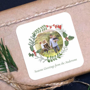 Sticker Carré Belle aquarelle rouge et verte couronne de Noël