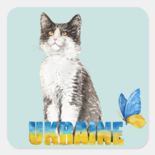 Sticker Carré Belle aquarelle Ukraine Chat et Papillon