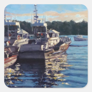 Sticker Carré Belle Bass Harbour Maine Fishing Bateau Scène