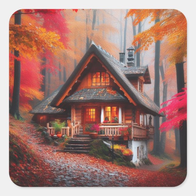 Sticker Carré Belle cabine douillette avec feuilles d'automne (Devant)