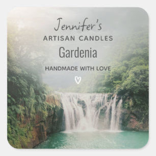 Sticker Carré Belle cascade dans une forêt de montagne bougie Bi