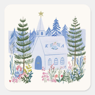 Sticker Carré Belle Chapelle de Mariage à Monogramme Bleu