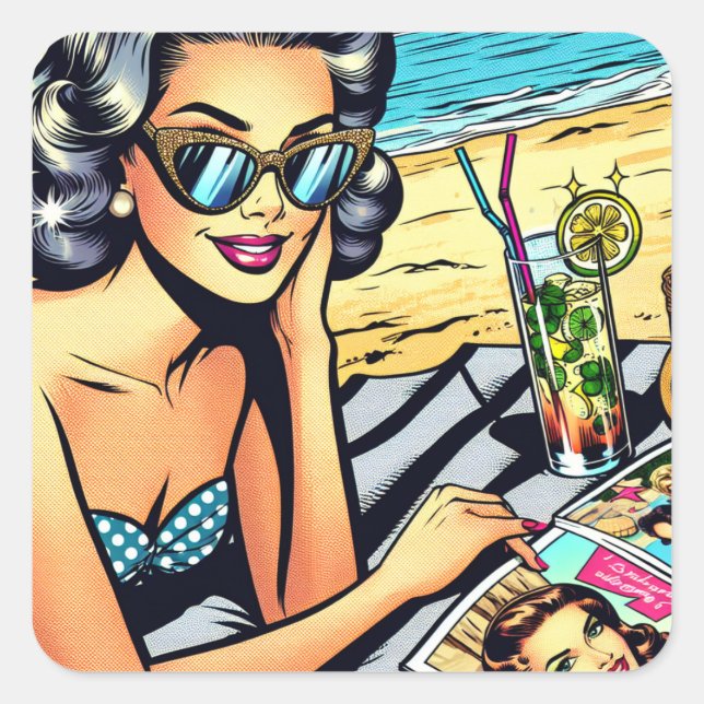 Sticker Carré Belle dame rétro à la plage avec Cocktail (Devant)