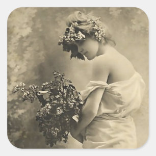 Sticker Carré Belle dame victorienne avec des fleurs coupées