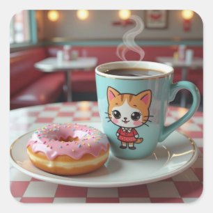 Sticker Carré Belle Donut et café au Retro Diner