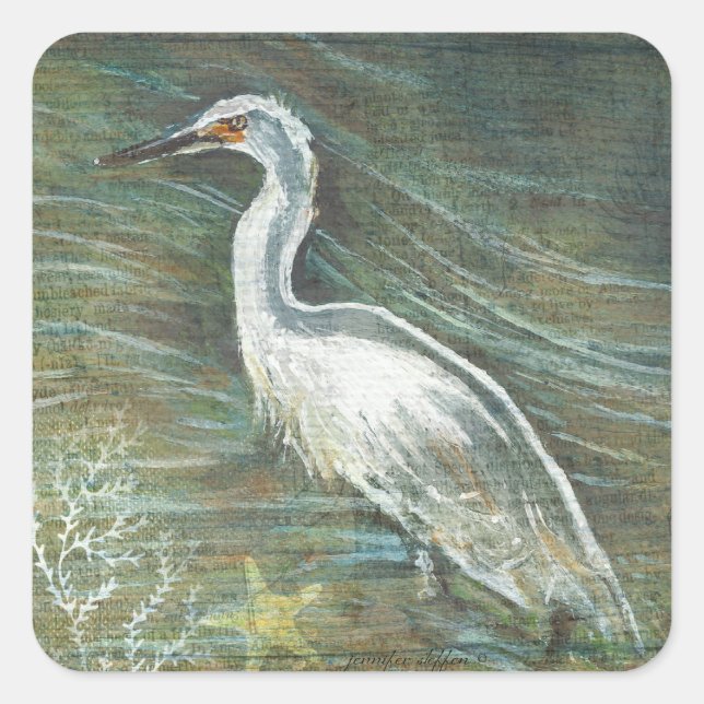 Sticker Carré Belle Egret Shorebird Wading In Water Art (Devant)