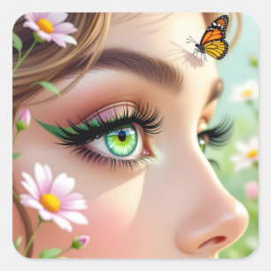 Sticker Carré Belle Fée aux Yeux Verts et Papillon