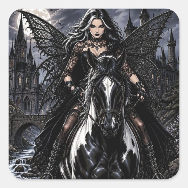Sticker Carré Belle Fée Gothique sur Cheval Noir  (Devant)