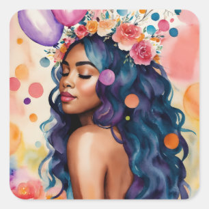 Sticker Carré Belle femme noire, décoration multicolore pour fêt
