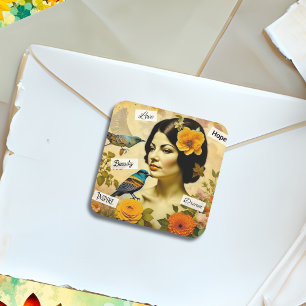 Sticker Carré Belle femme Vintage aux oiseaux et aux fleurs