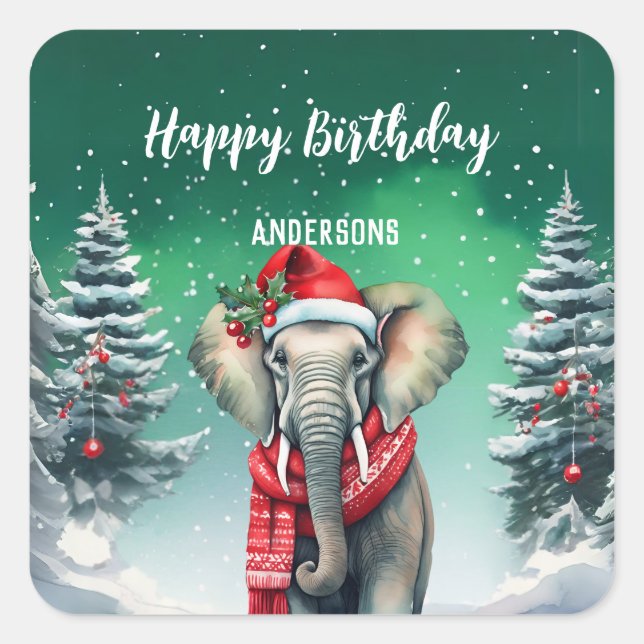 Sticker Carré Belle fête d'anniversaire d'éléphant de Noël (Devant)